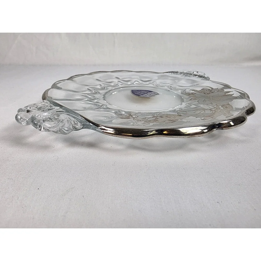 Rockwell Sterling‎ Silver Non-Tarnish 8 Inch Glass Plate Floral Design Handles